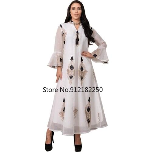 2021 Summer Fashion Style Muslim Women Long Sleeve White Polyester Long Abaya Muslims Women Dress