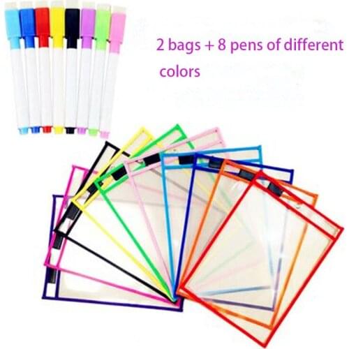 2 bags + 8 pens of different colors Document Bag Perfect Classroom Organization Reusable Erasable File Display Book for Homework