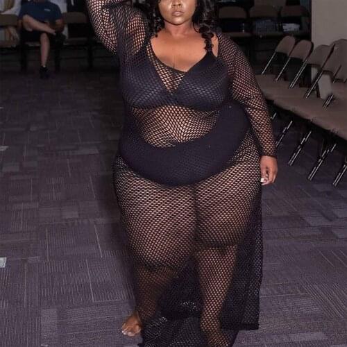 Black Sexy Club Dresses For Women Hollow Out Full Sleeve Round Neck See Through Evening Night Transparent Long Vestidos Mujer