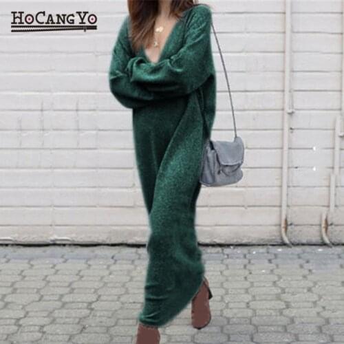 HCYO Women Maxi Dress with Long Sleeve V Neck Solid Loose Knitted Sweater Long Dresses Women Casual Sexy Maxi Dresses Robe Pull