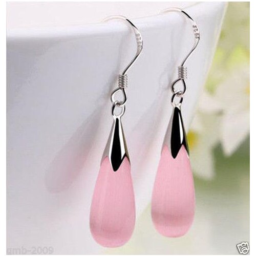 Hot sale new Style >>>>New Pair Pink Opal 925 Sterling Silver Hook Teardrop Dangle Earrings