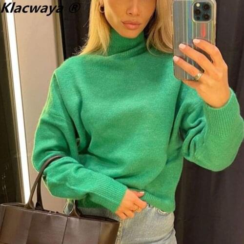 Klacwaya 2021 Women Fashion Green Half High Neck knitted pullover Vintage Long Sleeve Loose Female Streetwear Casual Sweater Top