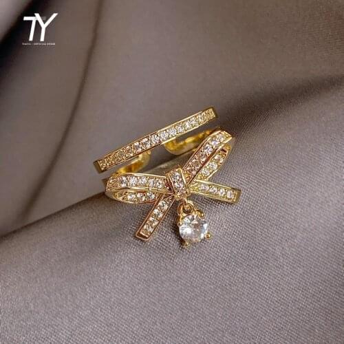 Luxury Shiny Zircon Bow Double Gold Opening Rings For Woman Korean Fashion Jewelry Gothic Accessories Girls Unusual Ring Set
