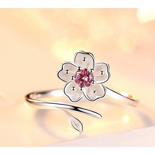 Cherry Blossom Enamel zircon ring 925 Sterling Silver Opening Size Ring 2020 Women DIY Jewelry Valentine Day Gifts Free Shipping
