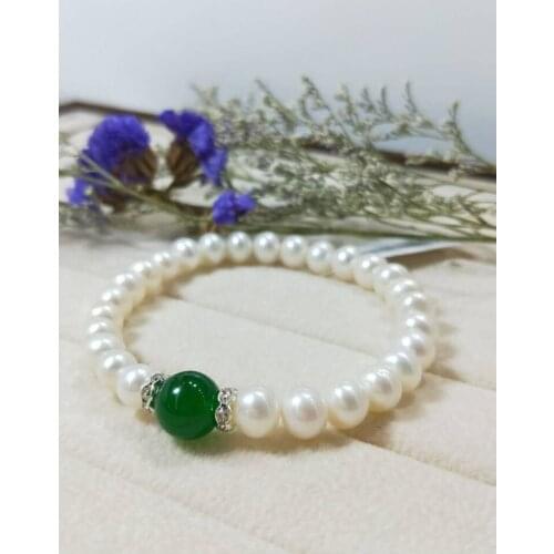 2pc 7.5" 8-9mm Freshwater White Pearl, Green stone Bracelet