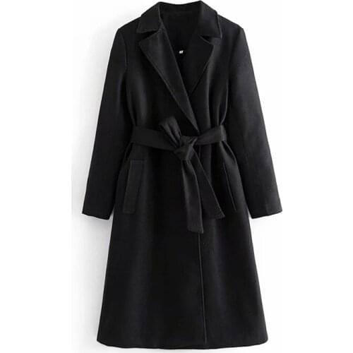 Merodi Women Casual Black Autumn Za Long Jacket Outwear Female Elegant Long Sleeve Turn-down Collar Coats With Belt Girls Jacket