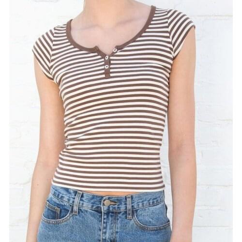 Sweet Girls Striped Soft Cotton T-shirt Summer Fashion Ladies Sexy Slim O Neck Streetwear Tee top Vintage Women Knitted Tops