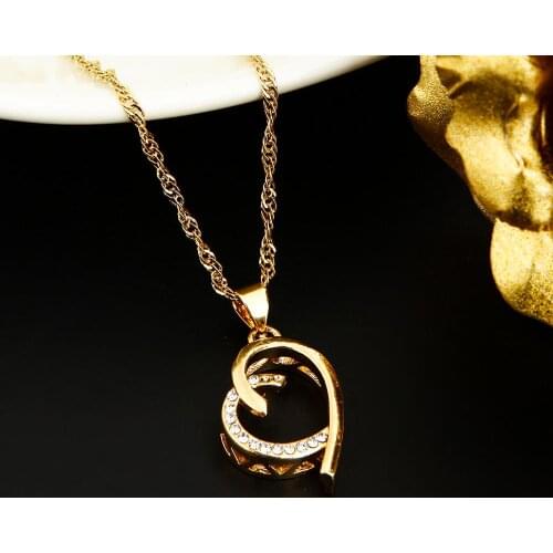 Trendy Women Heart Pendants Necklace 24K Gold Color Glass Stone Chain Jewelry