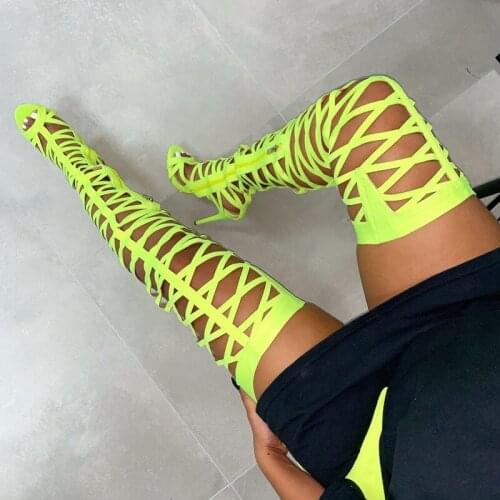 Neon Women Botas Cross-tied Long Stiletto Leather High Heel Over the Knee Lace Up Crotch Boots Sexy Female Runway Shoes Woman