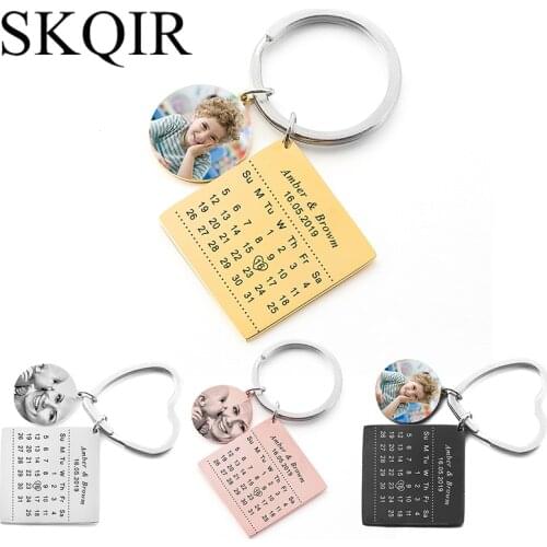 Custom Color Photo Car Key Chain Personalized Couple Name Calendar Birth Date Tag Keychain Heart Keyring Women Jewelry Love Gift
