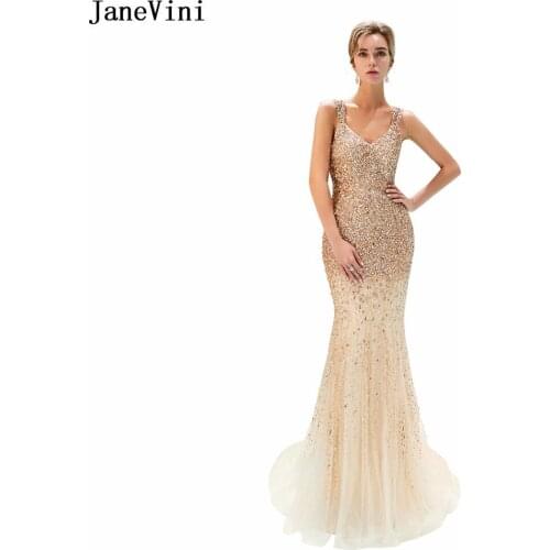 JaneVini Luxury Champagne Gold Mother of The Bride Dresses Heavy Beaded Mermaid V Neck Illusion Sparkly Long Evening Party Gowns