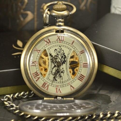 TIEDAN Luxury Skeleton Bronze Retro Antique Skeleton Mechanical Pocket Watch Men Chain Necklace Business Pocket & Fob Watches