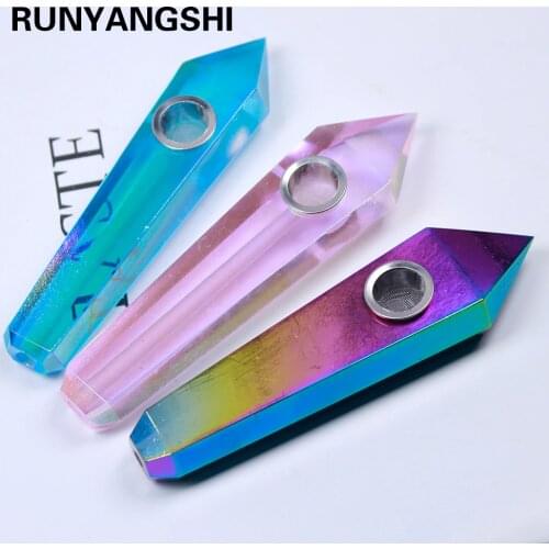 Runyangshi 1pc Electroplating colorful crystal smokey pipe healing crystal point smoking pipe home decor decoration crafts