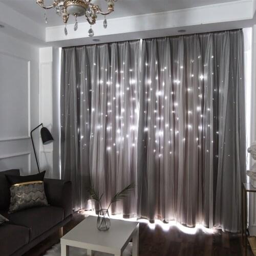 Custom Made Bright Double Layer Blackout Star Hollow Curtains with Lace Tulle Fabric for Home Living Room Bedroom Window Decor