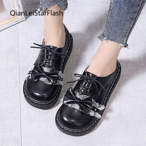 Lolita Shoes Lace Bowtie Women Oxford Shoes Lace Up Round Toe Casual Shoes 2021 Spring Autumn Retor Platform Girls Shoes