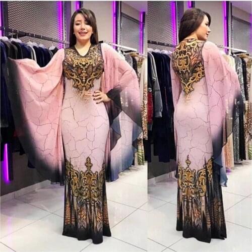 Dubai Turkish Muslim Robe Dress Fashion Casual Front Back Printed Ink Painting Chiffon Large Sleeve Slim Muslim Long Skirt Dress