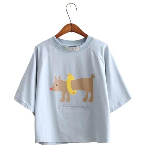 Merry Pretty Fashion Cute Letters Embroidery Women T-Shirt Preppy Summer Cartoon Dog Printed Pocket Crop Tops Funny Blue Tshirts