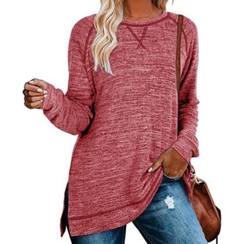 Women T-Shirt Spring and Autumn Hot Long Sleeve Top Knitwear Pure Color Sweater Cross Loose Round Neck Women Top