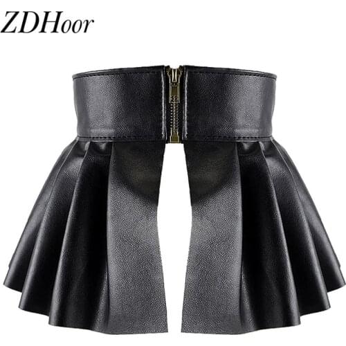 Women Ladies Fashion PU Leather Elastic Wide Waistband Classic Stretch Pleated Skirt Peplum Cinch Belt A-line Skirt Belt