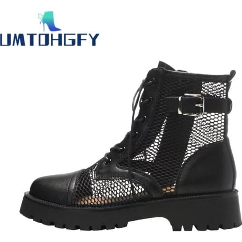 Womens Mesh Shoes Summer Sandals Boots Genuine Leather Dress Fashion Baotou Lace Up Zip Girls Student Sandals Mid-heel Shoes