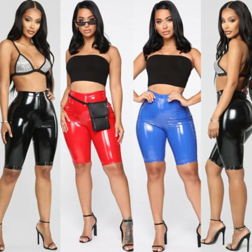 Women Wet Look Shiny PU Leather Capri Shorts Bodycon Ladies High Waist Casual Cycling Biker Shorts Solid Summer Skinny