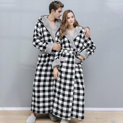 Plaid Print Womens Bathrobe Winter Thick Flannel Hooded Long Sleeve Couple Kimono Robe with Sashes Dressing Gown for Female