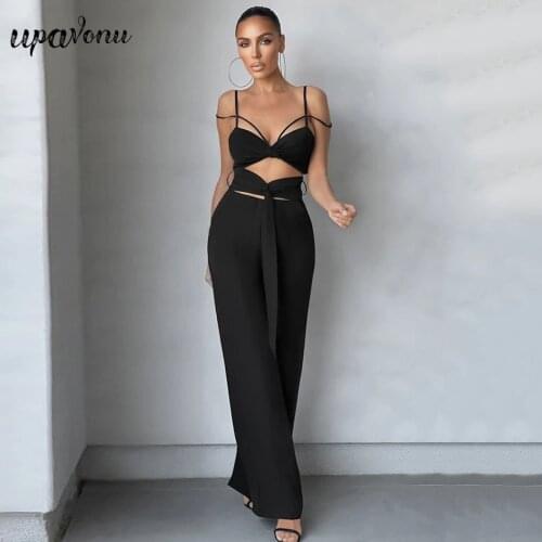 Free Shipping Fashion Black White Hollow Wide Leg Jumpsuit 2021 New Summer Elegant Office Womens Sling Waist Jumpsuit Clothing