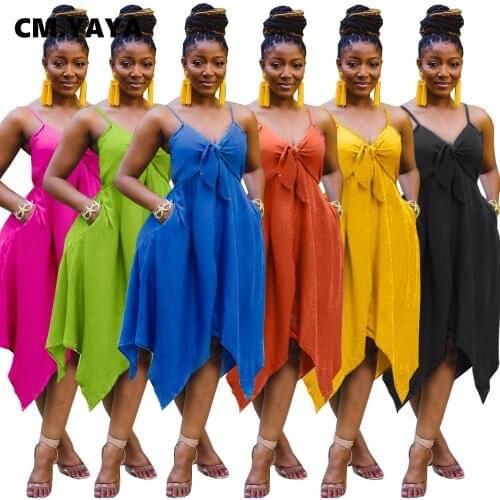 CM.YAYA Women Dress Solid Sleeveless Spaghetti Strap V-neck Bow Back Zip Asymmetrical Dresses Famale Cuasual Sweet Outfits 2021
