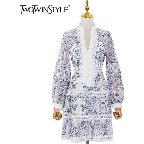 TWOTWINSTYLE Blue Elegant Print Dress For Women V Neck Lantern Long Sleeve High Waist Mini Dresses Female Spring Fashion Clothes