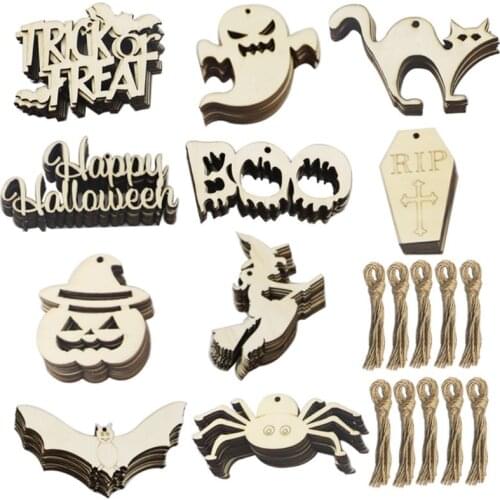 1 Set Halloween Ornament Unfinished Wooden Tags Cutout with Hanging Twine Ropes