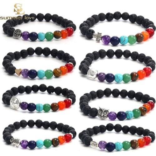 7 Chakra Healing Natural Stone Beads Women Men Bracelet Gold Buddha Head Love Animal Charm Bracelets Yoga Prayer Jewelry