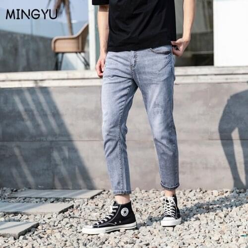 Mingyu Mens Slim Jeans Pure Color Retro Centre Waist Pencil Ankle Pants Stretch Cotton Comfortable Vintage gray Casual Trousers