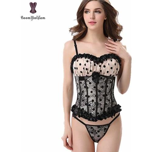 Black Dot Corset Ruffle Cup Korsett For Women Overbust Lace Overlay Satin Gorset Adjustable Shoulder Strap Dropshipping Korset