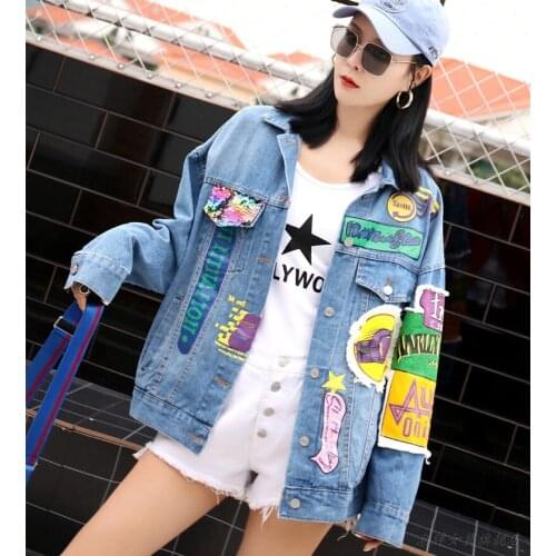 Autumn and Winter Cartoon Patch Jean Jackets and Coats Women Vintage Denim Jacket Streetwear with Letters