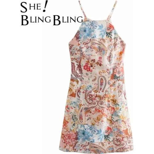 SheBlingBling Summer Paisley Spaghetti Strap Mini Dress Women Sexy Halter Off Shoulder Sleeveless Backless Dresses Night Club