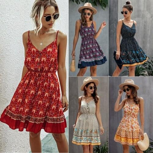 Summer Dress Sexy Floral High Waist Dress Backless Mini Dress V-Neck Button Boho Dress Women Beach Dress