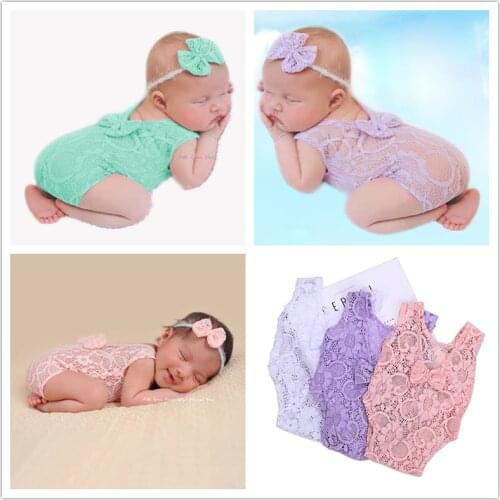 Cute baby newborn photography props baby girl lace hollow cute bow costume + bandana kids clothes photo props