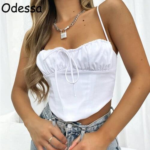 Odessa White Fashion Crop Corset Tops Women Black Ruched Casual Tank Tops Ladies Sexy Lace Up Bustier Camis Spring Summer 2021