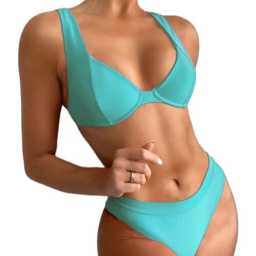New Bikini 2021 Womens Sexy Swimsuit Bra Cup Two Piece Bikini Set High Cut Bather Bathing Suit