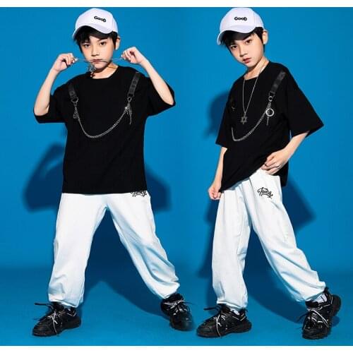 Boys Street Dance Clothing Hip Hop Kids Chain Black Tops Short Sleeve White Pants Drum Jazz Dance Show Hip Hop Outfits BL6001