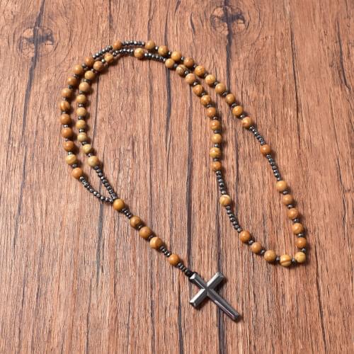 Natural Wood Stone Beads Catholic Christ Rosary Necklaces For Women Men Hematite Cross Pendant Necklace Meditation Mala