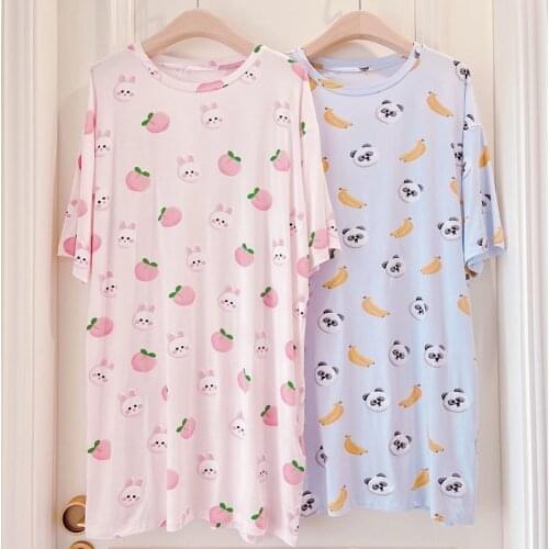 Peach Bunny Nightdress Short-sleeved Nightgown Summer Modal Round Neck Loose Large Size Pajamas for Women Nighty for Ladies