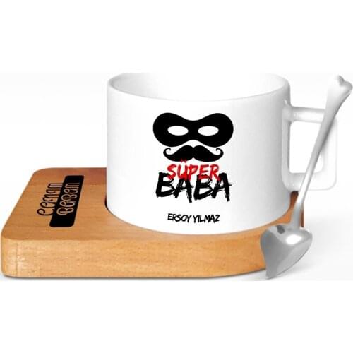 Personalized Super Dad Design Wood Altlıklı Ceramic Cup-1