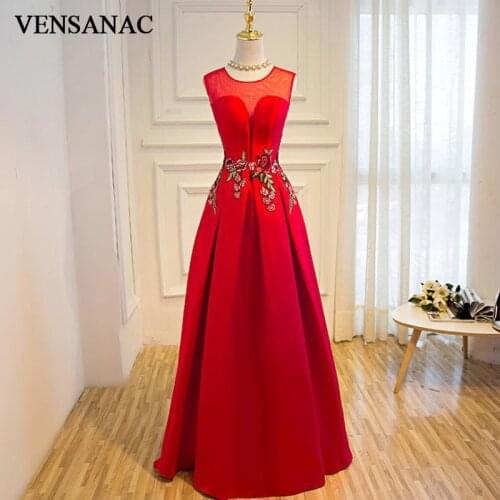 VENSANAC Sheer O Neck Floral Print Long A Line Evening Dresses Elegant Lace Embroidery Open Back Party Prom Gowns