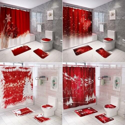 Christmas Tree Bells Bathroom Holiday Decoration Red Shower Curtain Waterproof Polyester Fabric Bath Curtains Anti Slip Pads Mat