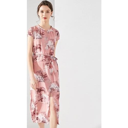Pink Print Leaves Floral Silk Crepe Dresses Women Fashion 2021 Summer Long Casual Sexy Office Work Daily Dress Plus Size Slim