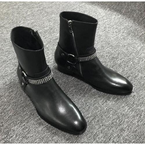 Real Picture Genuine Leather Handmade Boutique Wedge Dress Party luxury Denim Boots Black Ankle Buckle Strap Zipper Boots