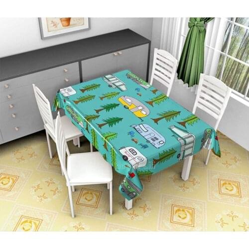 Happy Camping Outdoor Tablecloth Vintage Rv Camping Travel Trailer Forest Rectangular Table Cover Decoration