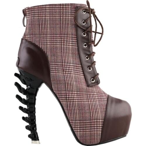 SHOW STORY Vintage Brown Two Tone Lace-Up High-top Bone Heels Platform Ankle Boots