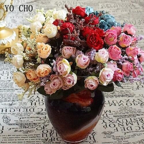 YO CHO 15 Heads Artificial Flowers Rose Bouquet Home Fabric Fake Flores Bunch for Party Hotel DIY Decor Wedding Wall Decor Flore